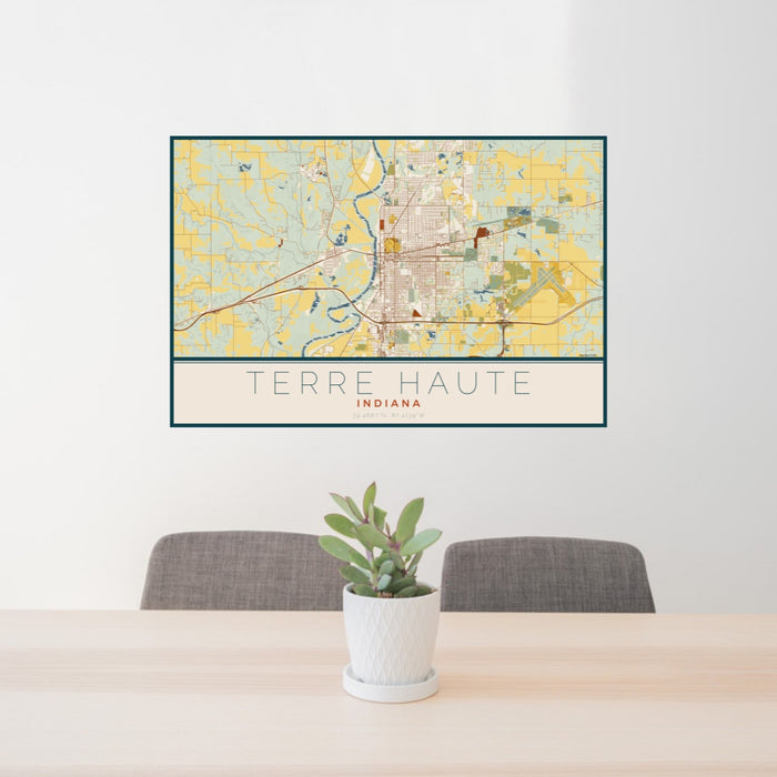24x36 Terre Haute Indiana Map Print Landscape Orientation in Woodblock Style Behind 2 Chairs Table and Potted Plant