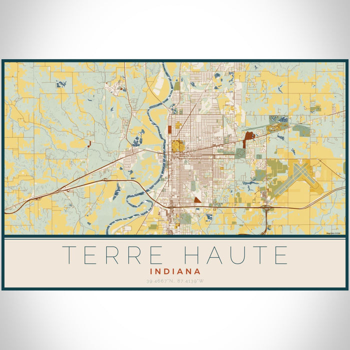 Terre Haute Indiana Map Print Landscape Orientation in Woodblock Style With Shaded Background