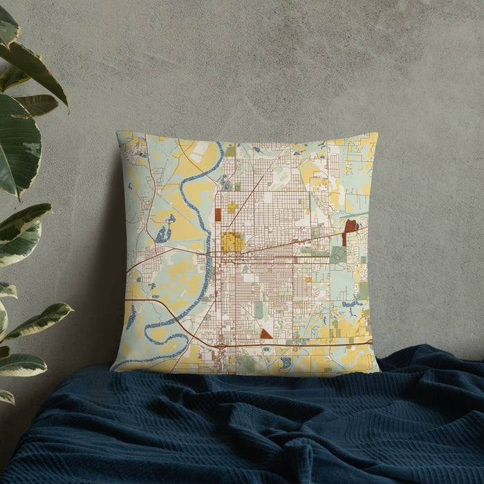 Custom Terre Haute Indiana Map Throw Pillow in Woodblock on Bedding Against Wall