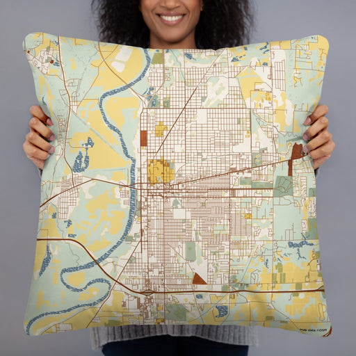 Person holding 22x22 Custom Terre Haute Indiana Map Throw Pillow in Woodblock