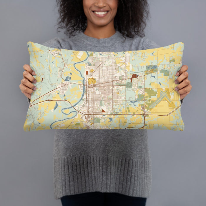 Person holding 20x12 Custom Terre Haute Indiana Map Throw Pillow in Woodblock