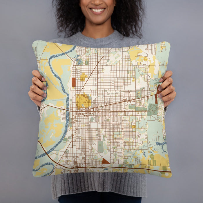 Person holding 18x18 Custom Terre Haute Indiana Map Throw Pillow in Woodblock