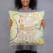 Person holding 18x18 Custom Terre Haute Indiana Map Throw Pillow in Woodblock
