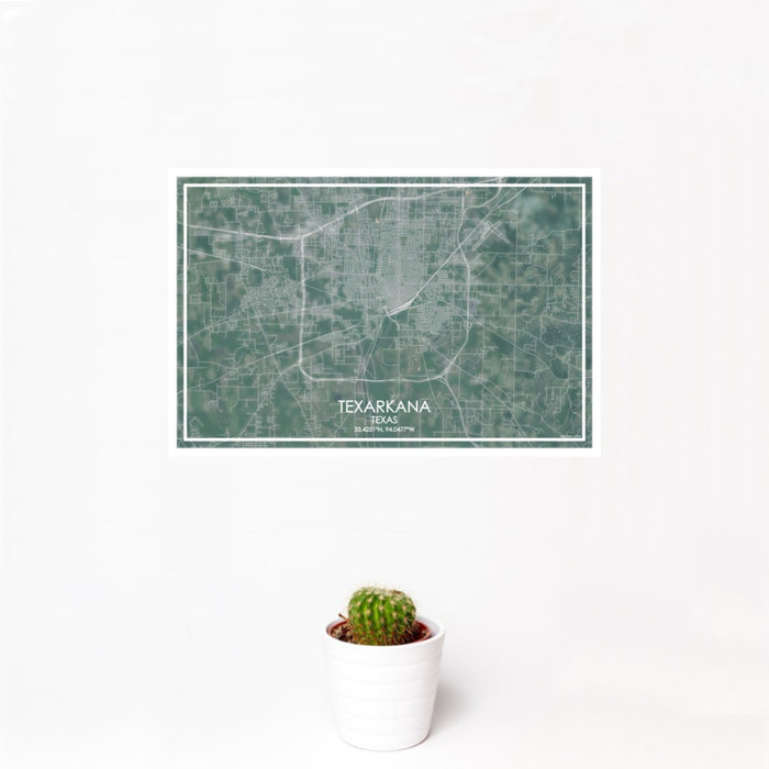 12x18 Texarkana Texas Map Print Landscape Orientation in Afternoon Style With Small Cactus Plant in White Planter
