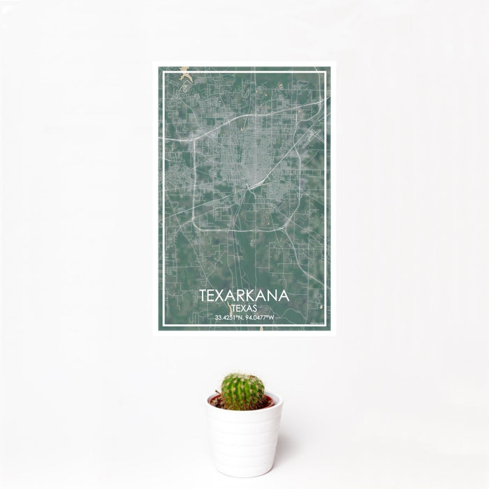 12x18 Texarkana Texas Map Print Portrait Orientation in Afternoon Style With Small Cactus Plant in White Planter