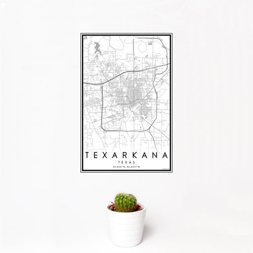 12x18 Texarkana Texas Map Print Portrait Orientation in Classic Style With Small Cactus Plant in White Planter