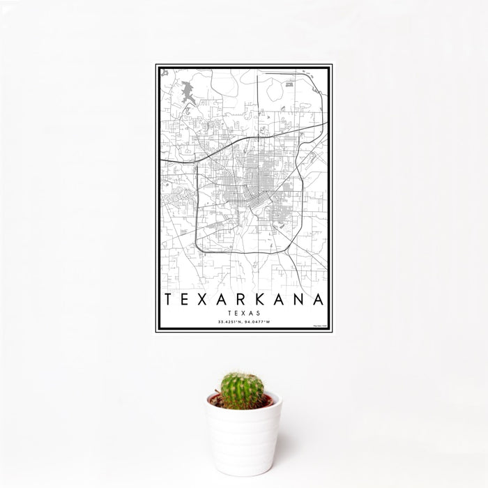 12x18 Texarkana Texas Map Print Portrait Orientation in Classic Style With Small Cactus Plant in White Planter
