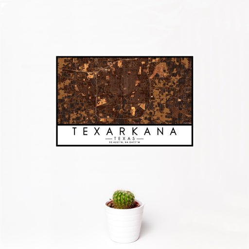 12x18 Texarkana Texas Map Print Landscape Orientation in Ember Style With Small Cactus Plant in White Planter