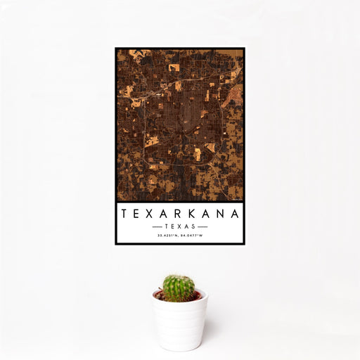 12x18 Texarkana Texas Map Print Portrait Orientation in Ember Style With Small Cactus Plant in White Planter