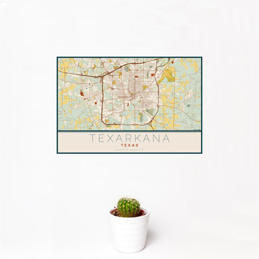 12x18 Texarkana Texas Map Print Landscape Orientation in Woodblock Style With Small Cactus Plant in White Planter
