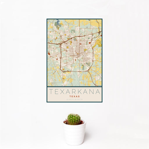 12x18 Texarkana Texas Map Print Portrait Orientation in Woodblock Style With Small Cactus Plant in White Planter