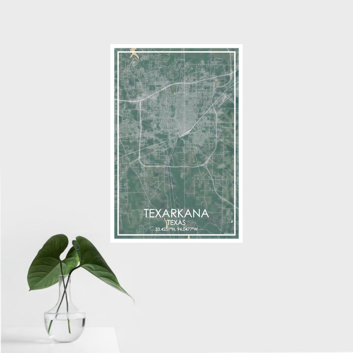 16x24 Texarkana Texas Map Print Portrait Orientation in Afternoon Style With Tropical Plant Leaves in Water