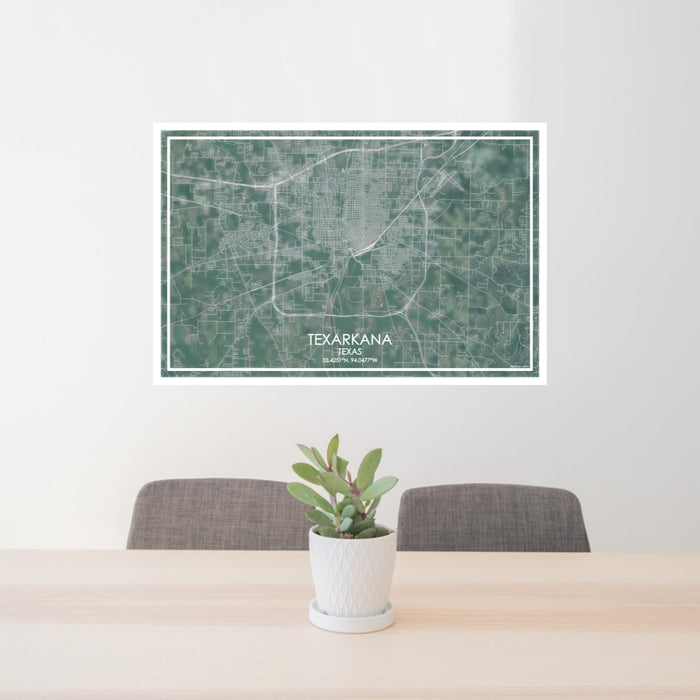 24x36 Texarkana Texas Map Print Lanscape Orientation in Afternoon Style Behind 2 Chairs Table and Potted Plant