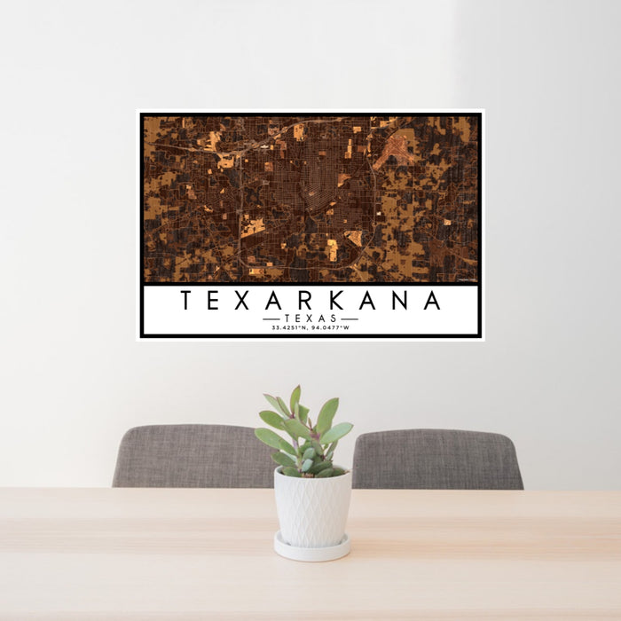 24x36 Texarkana Texas Map Print Lanscape Orientation in Ember Style Behind 2 Chairs Table and Potted Plant