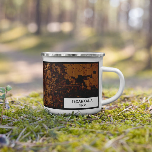 Right View Custom Texarkana Texas Map Enamel Mug in Ember on Grass With Trees in Background