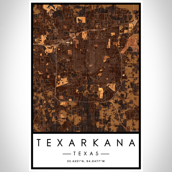 Texarkana Texas Map Print Portrait Orientation in Ember Style With Shaded Background