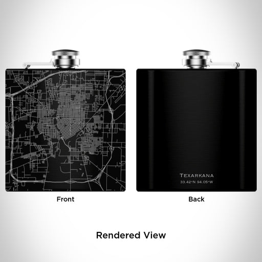 Rendered View of Texarkana Texas Map Engraving on 6oz Stainless Steel Flask in Black