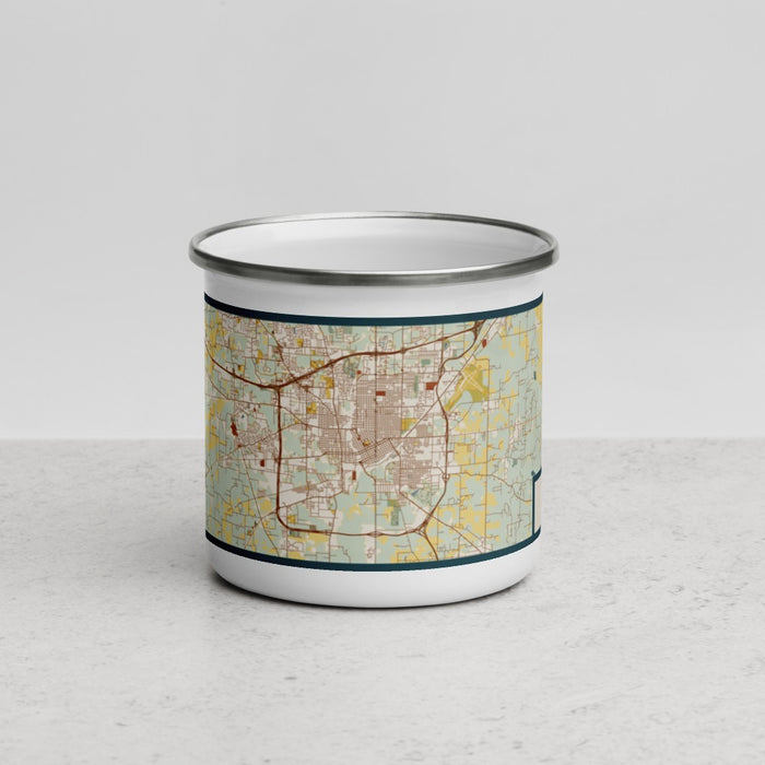 Front View Custom Texarkana Texas Map Enamel Mug in Woodblock