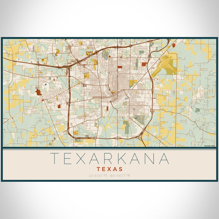 Texarkana Texas Map Print Landscape Orientation in Woodblock Style With Shaded Background