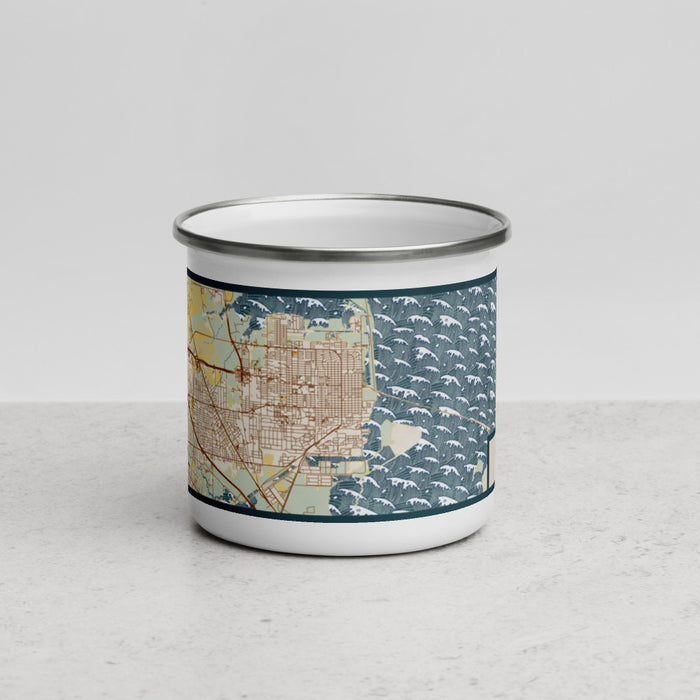 Front View Custom Texas City Texas Map Enamel Mug in Woodblock