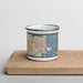 Front View Custom Texas City Texas Map Enamel Mug in Woodblock on Cutting Board