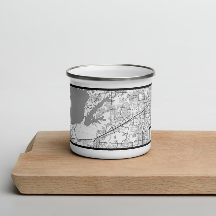 Front View Custom The Colony Texas Map Enamel Mug in Classic on Cutting Board