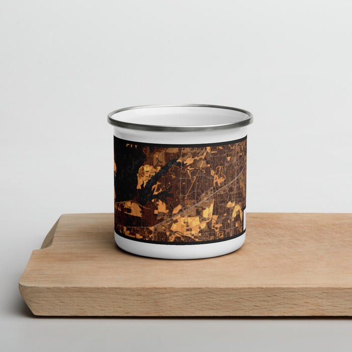Front View Custom The Colony Texas Map Enamel Mug in Ember on Cutting Board