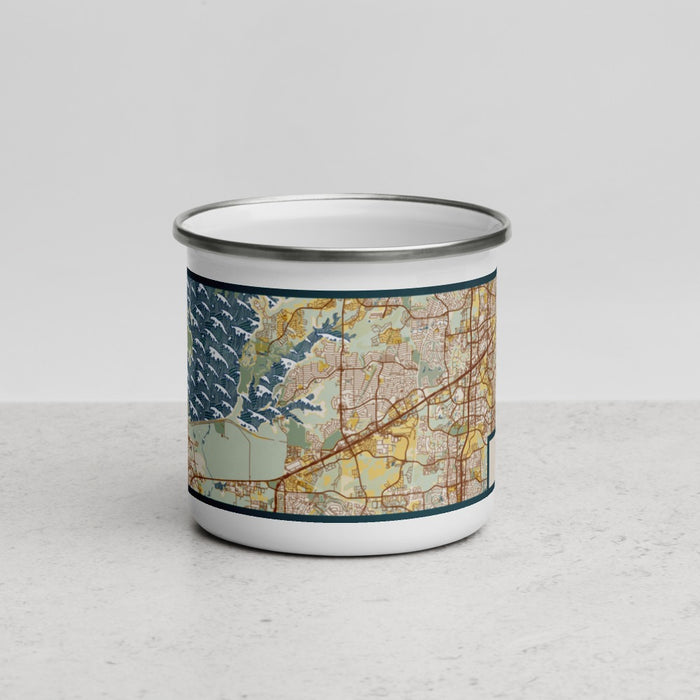 Front View Custom The Colony Texas Map Enamel Mug in Woodblock