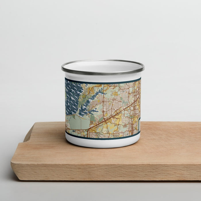 Front View Custom The Colony Texas Map Enamel Mug in Woodblock on Cutting Board