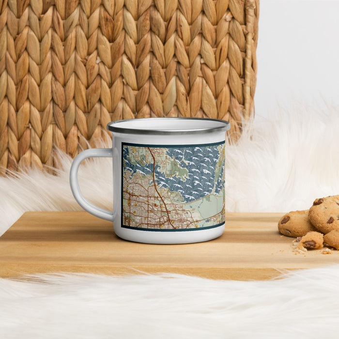 Left View Custom The Colony Texas Map Enamel Mug in Woodblock on Table Top
