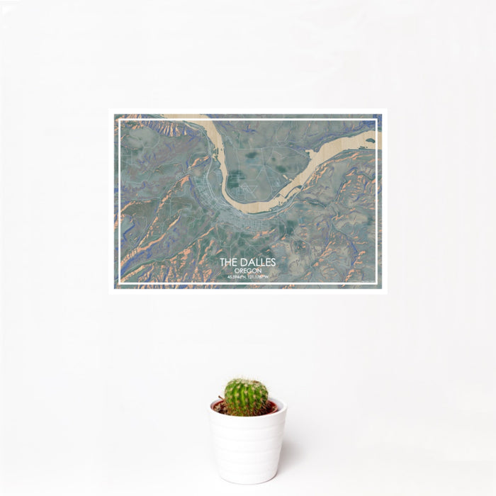 12x18 The Dalles Oregon Map Print Landscape Orientation in Afternoon Style With Small Cactus Plant in White Planter