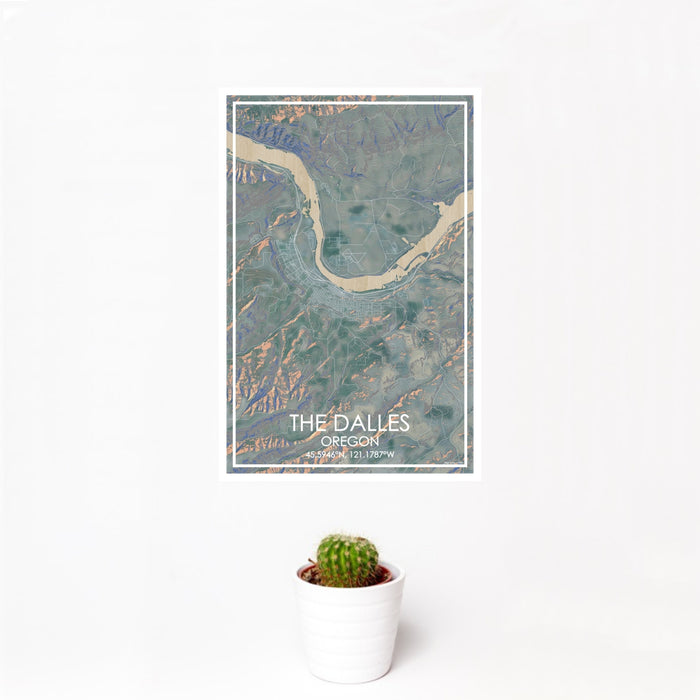 12x18 The Dalles Oregon Map Print Portrait Orientation in Afternoon Style With Small Cactus Plant in White Planter