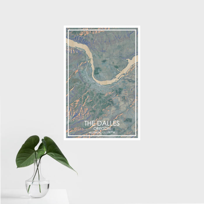 16x24 The Dalles Oregon Map Print Portrait Orientation in Afternoon Style With Tropical Plant Leaves in Water