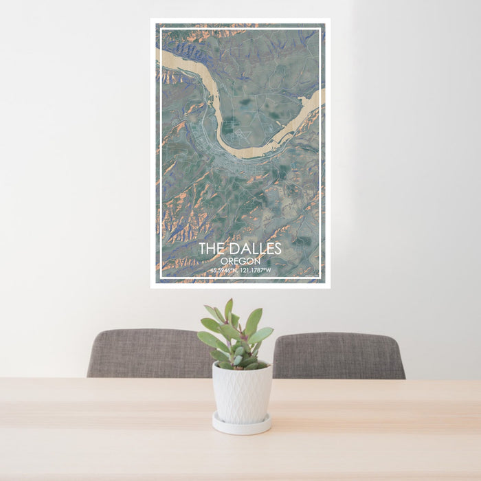 24x36 The Dalles Oregon Map Print Portrait Orientation in Afternoon Style Behind 2 Chairs Table and Potted Plant