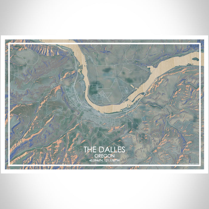 The Dalles Oregon Map Print Landscape Orientation in Afternoon Style With Shaded Background