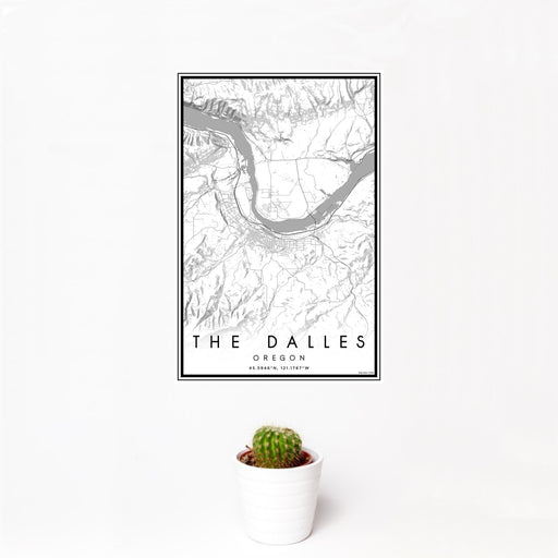 12x18 The Dalles Oregon Map Print Portrait Orientation in Classic Style With Small Cactus Plant in White Planter
