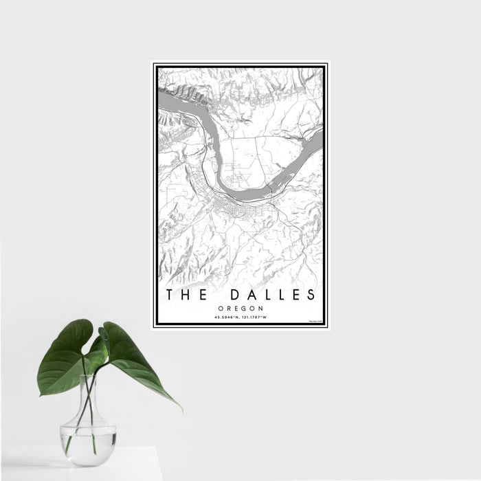 16x24 The Dalles Oregon Map Print Portrait Orientation in Classic Style With Tropical Plant Leaves in Water