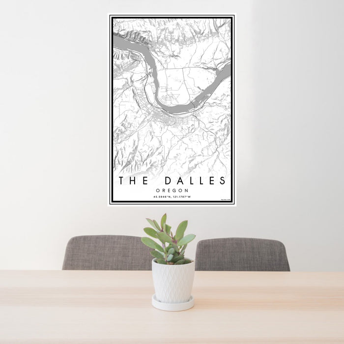 24x36 The Dalles Oregon Map Print Portrait Orientation in Classic Style Behind 2 Chairs Table and Potted Plant