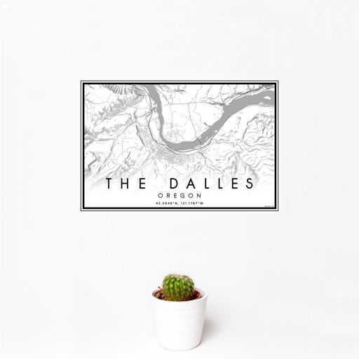12x18 The Dalles Oregon Map Print Landscape Orientation in Classic Style With Small Cactus Plant in White Planter