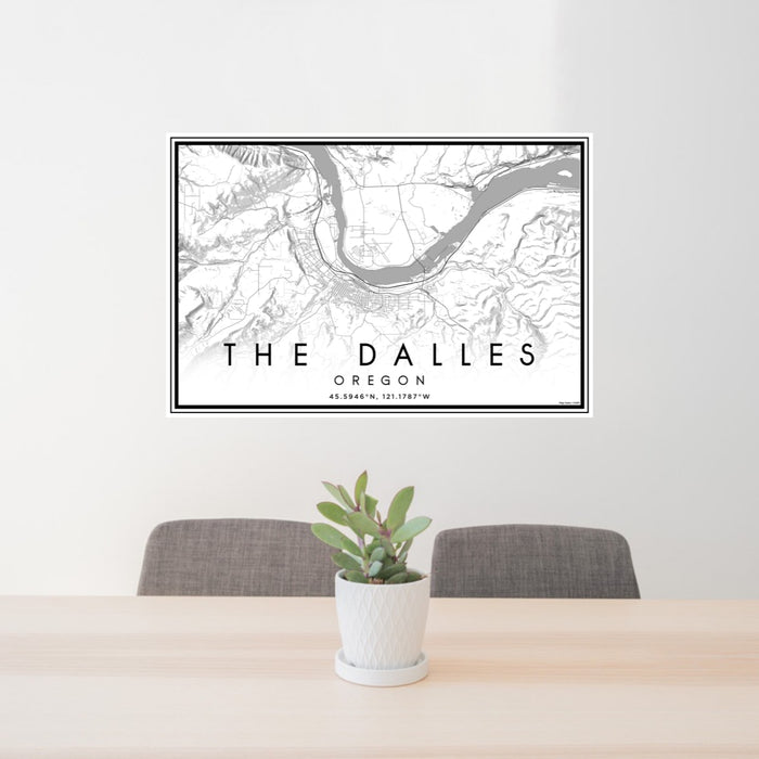 24x36 The Dalles Oregon Map Print Landscape Orientation in Classic Style Behind 2 Chairs Table and Potted Plant
