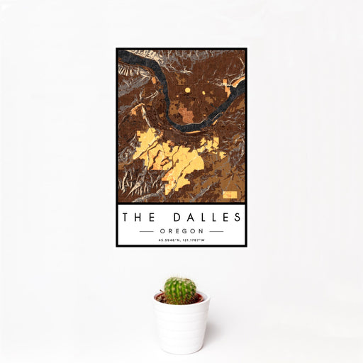 12x18 The Dalles Oregon Map Print Portrait Orientation in Ember Style With Small Cactus Plant in White Planter