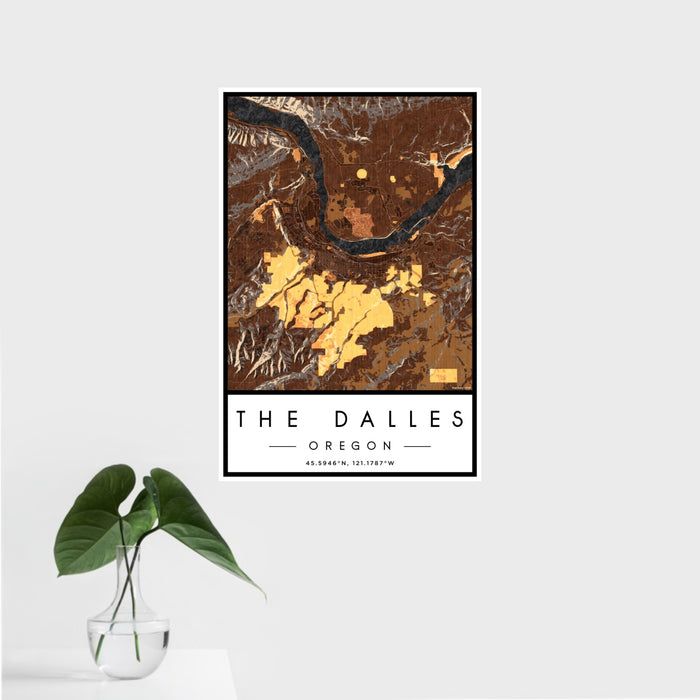 16x24 The Dalles Oregon Map Print Portrait Orientation in Ember Style With Tropical Plant Leaves in Water