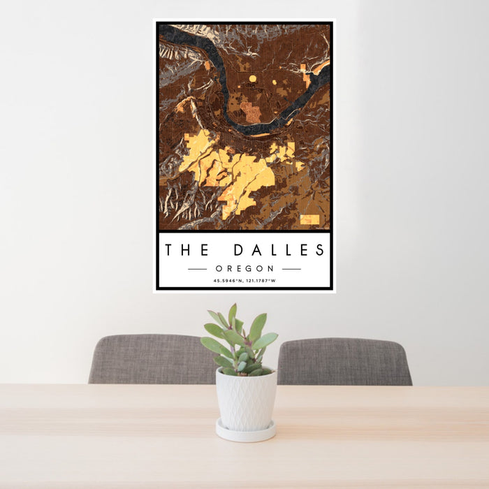 24x36 The Dalles Oregon Map Print Portrait Orientation in Ember Style Behind 2 Chairs Table and Potted Plant