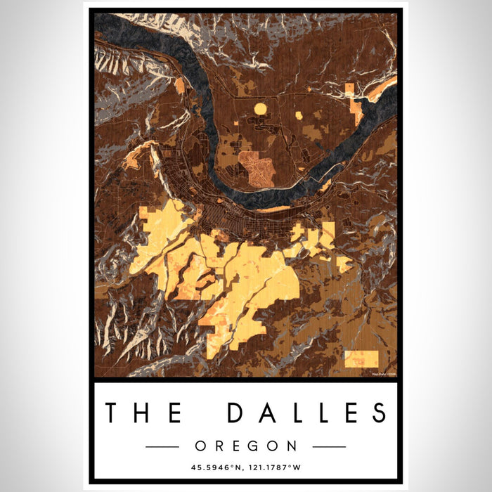 The Dalles Oregon Map Print Portrait Orientation in Ember Style With Shaded Background