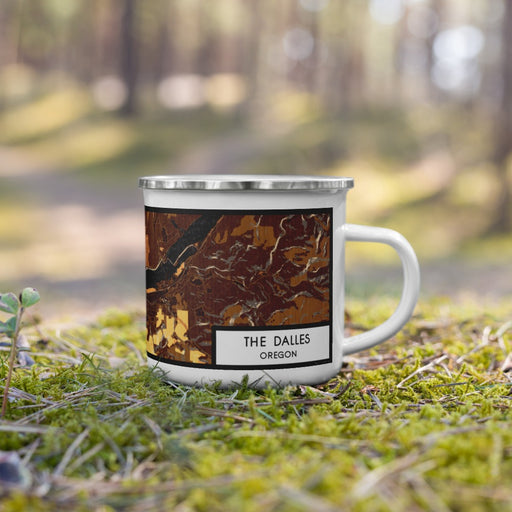 Right View Custom The Dalles Oregon Map Enamel Mug in Ember on Grass With Trees in Background