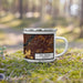 Right View Custom The Dalles Oregon Map Enamel Mug in Ember on Grass With Trees in Background