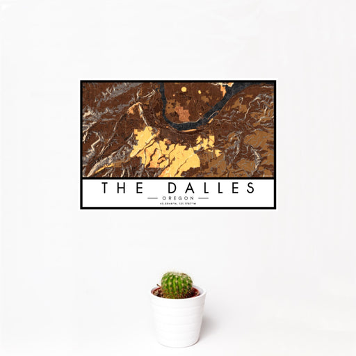 12x18 The Dalles Oregon Map Print Landscape Orientation in Ember Style With Small Cactus Plant in White Planter