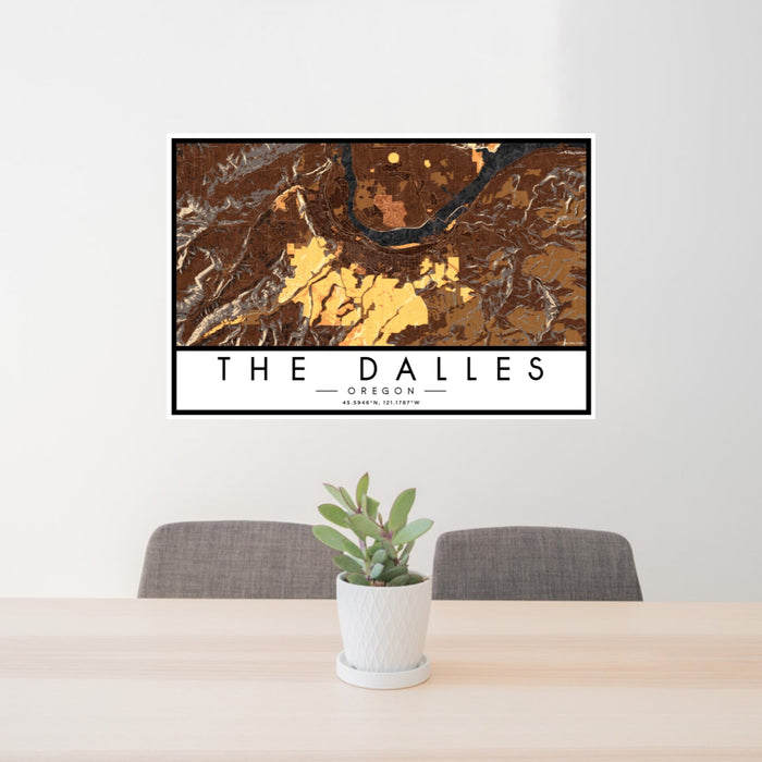 24x36 The Dalles Oregon Map Print Landscape Orientation in Ember Style Behind 2 Chairs Table and Potted Plant
