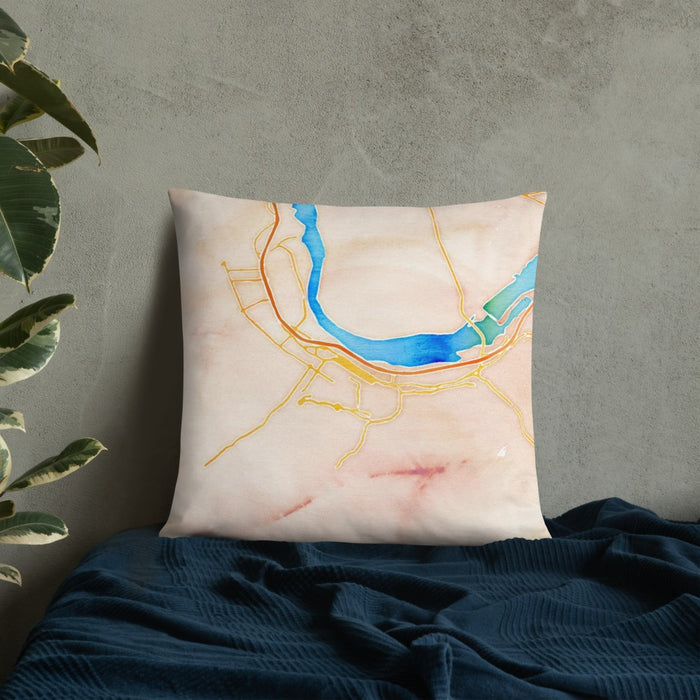Custom The Dalles Oregon Map Throw Pillow in Watercolor on Bedding Against Wall