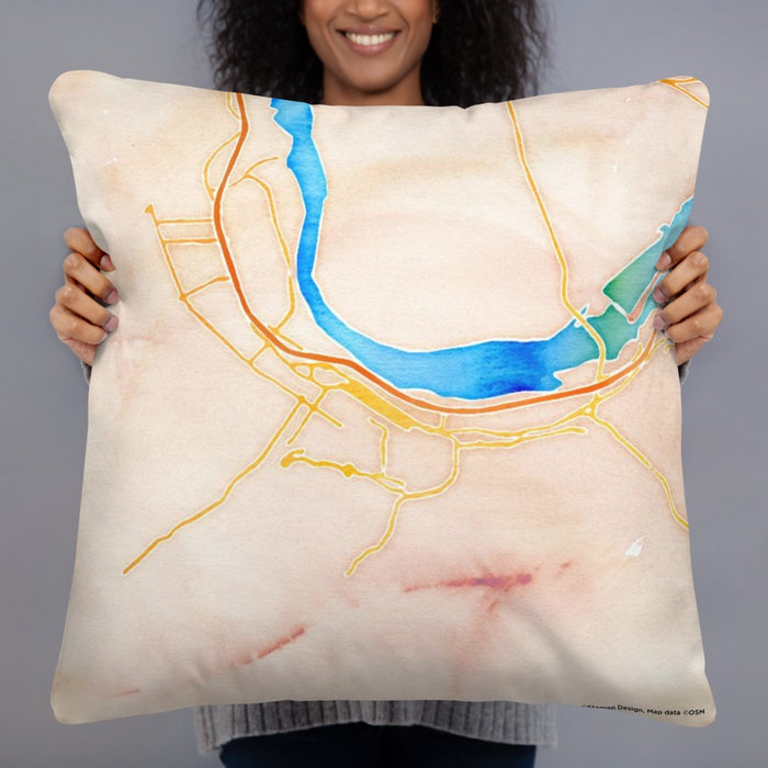 Person holding 22x22 Custom The Dalles Oregon Map Throw Pillow in Watercolor
